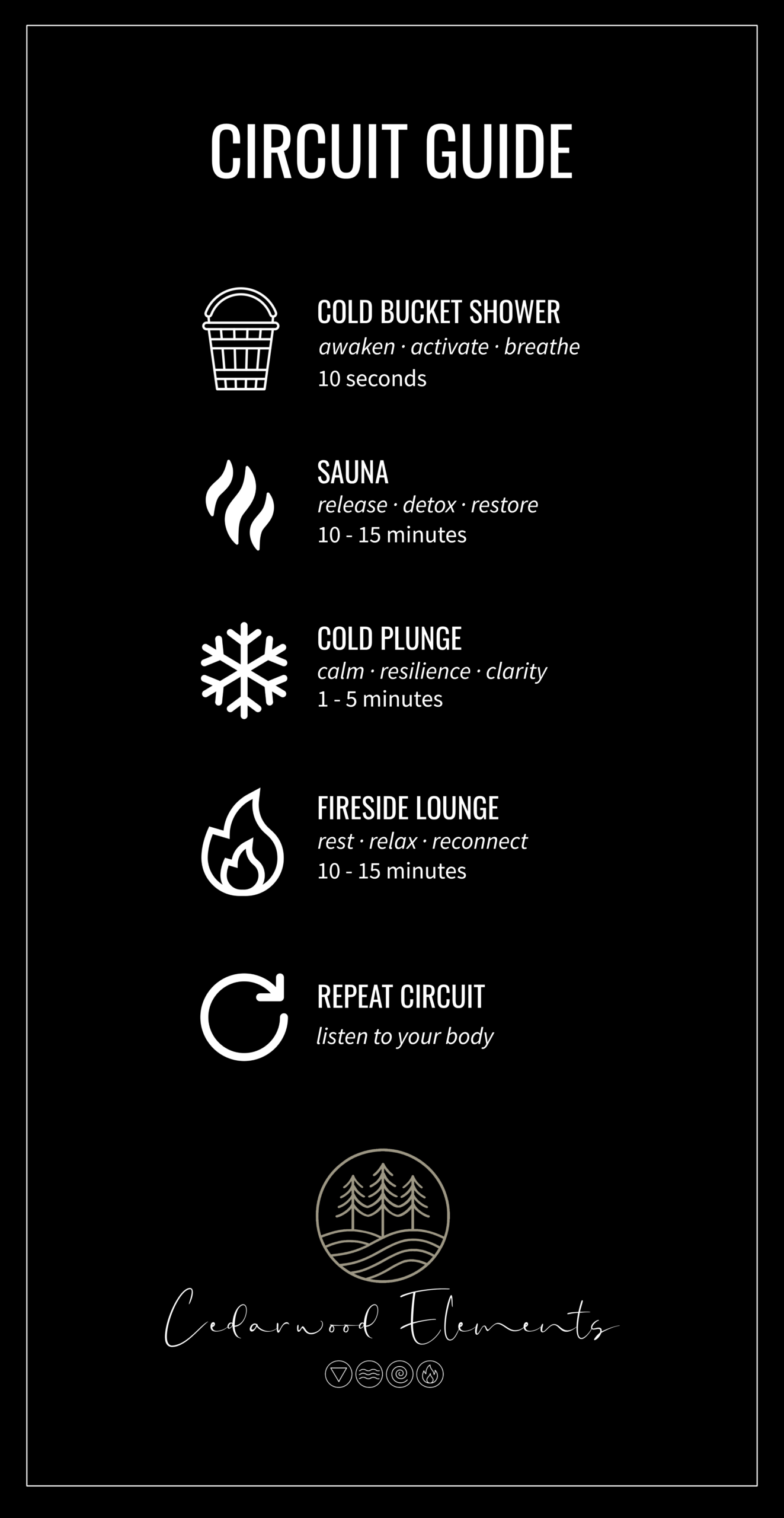 Cedarwood Contrast Therapy Guide | At The Barnfield Suites Bowen Island Airbnb, you can experience the contrast therapy journeys starting with the cold bucket shower, electric Cedar Nootka sauna from Squamish, cold or warm plunge pool from Helius saunas, fireside lounge with DreamCast Zen fire bowl and hammock and then repeat the circuit.