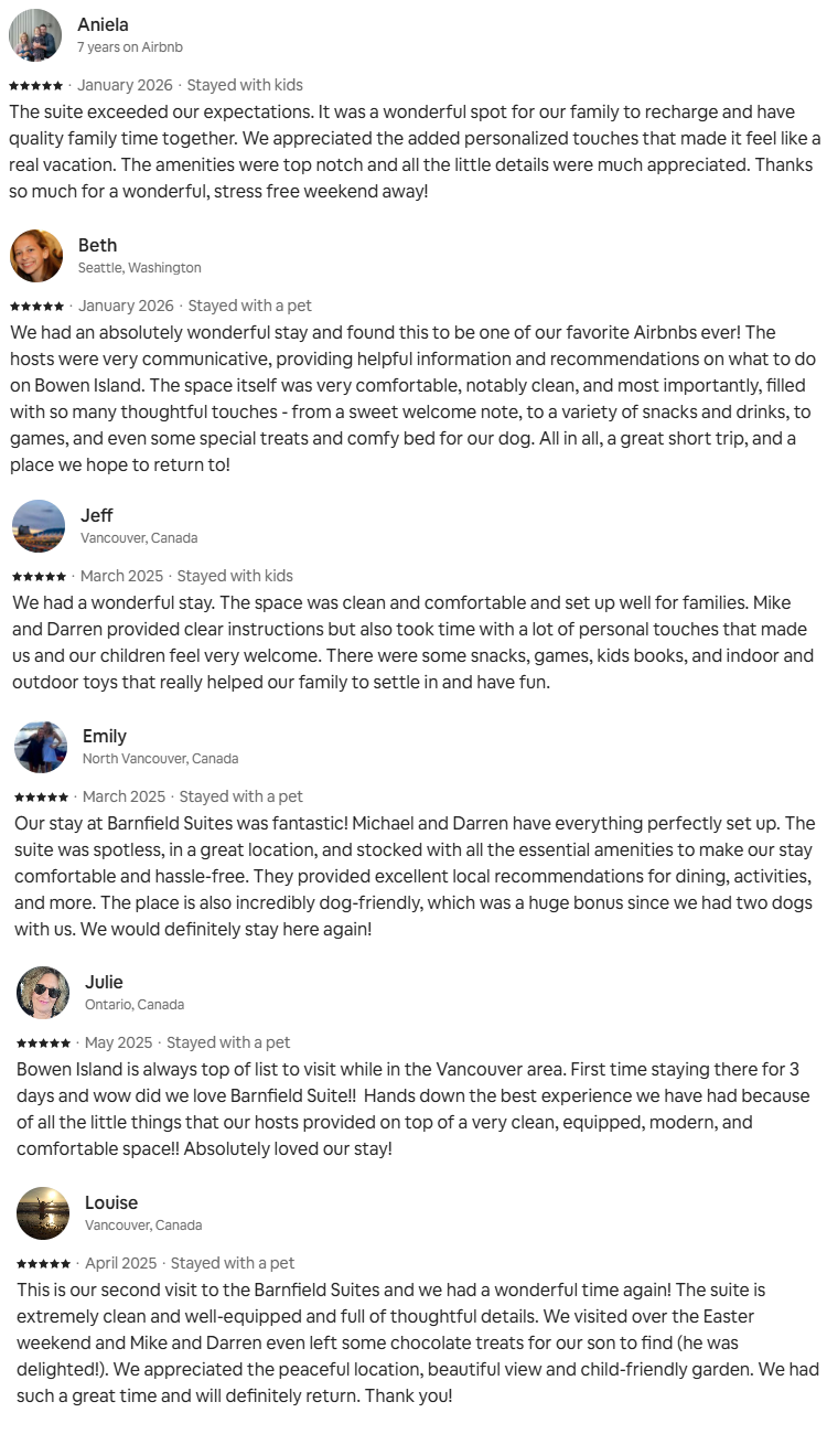 Reviews of The Barnfield Suites on Bowen Island Airbnb