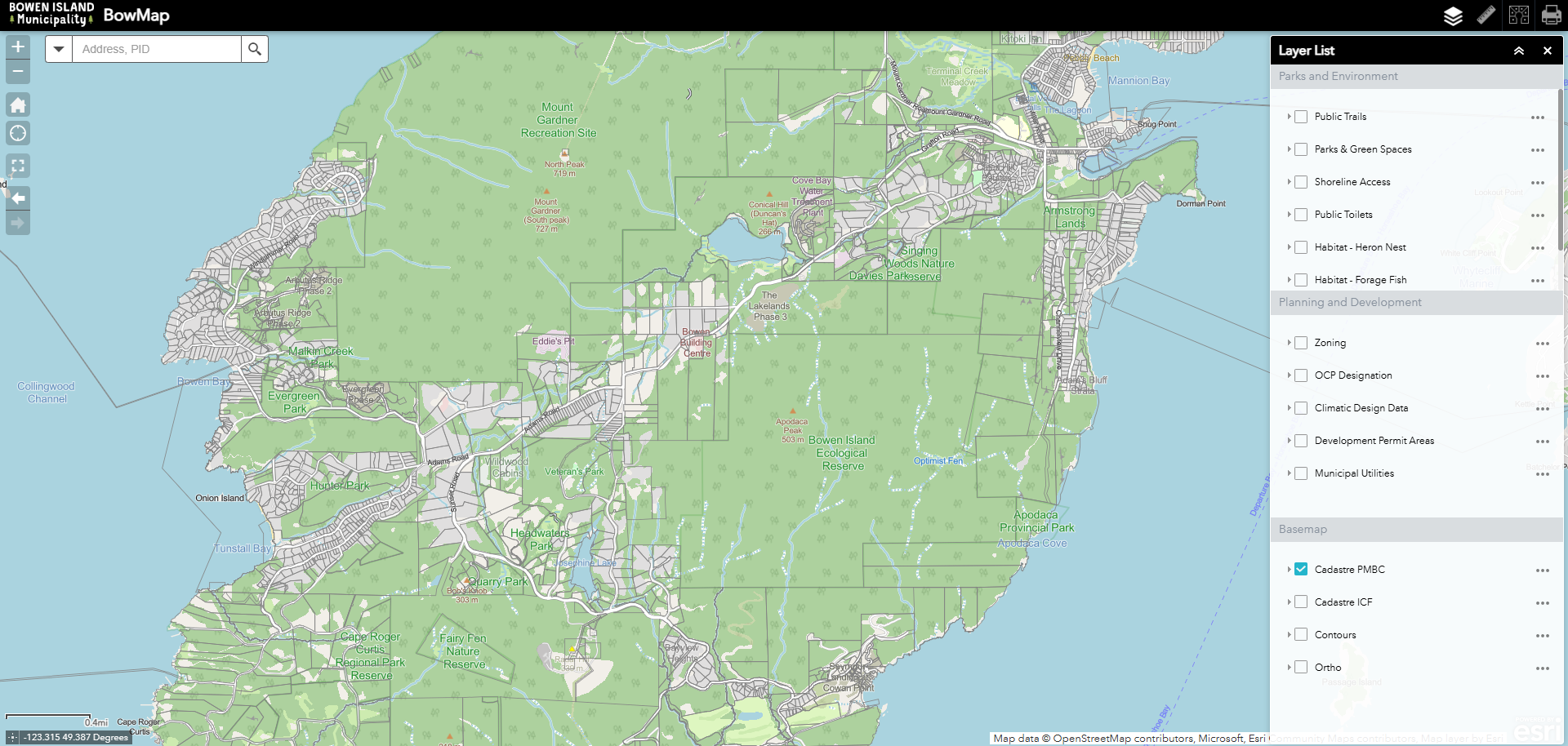 BowMap: The official Bowen Island interactive map for trails, parks, beaches, and municipal property information.