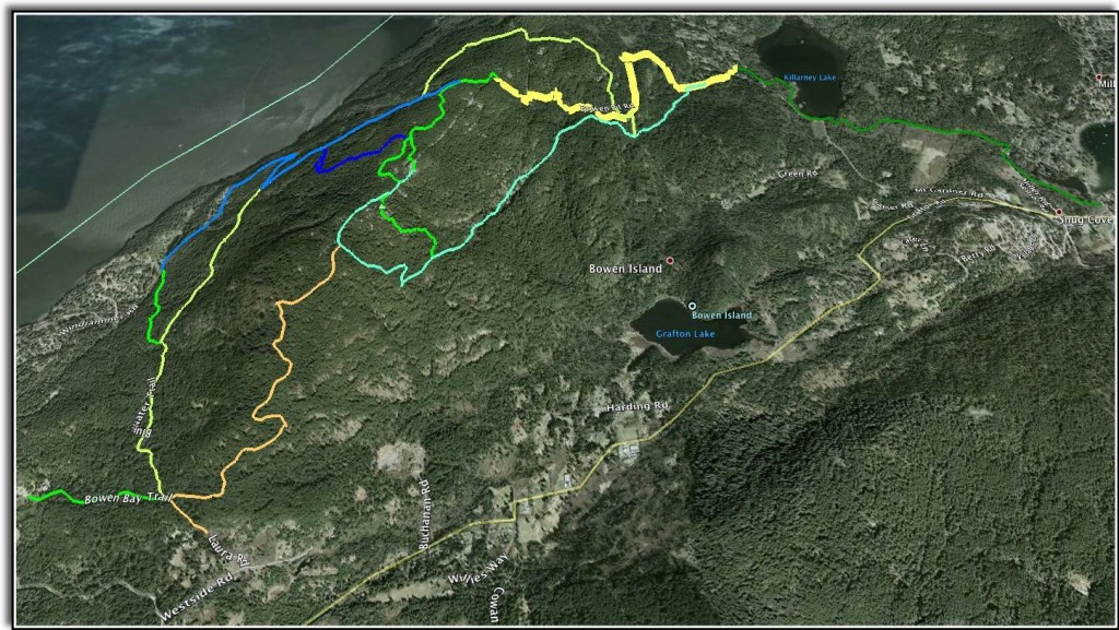 The Bowen Island Mount Gardner Trail Map is extensive and spans a large portion of the East side of the island.